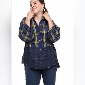Umgee Navy and Yellow Plaid Frayed Hem Button Down Shirt- Medium